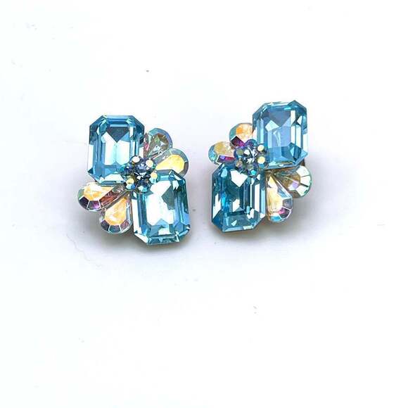 E165 | Clip-On Blue and Clear Gem Earrings - Picture 1 of 3
